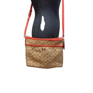 Coach Khaki Cardinal Signature Jacquard File Bag Crossbody Sling Purse 12CM